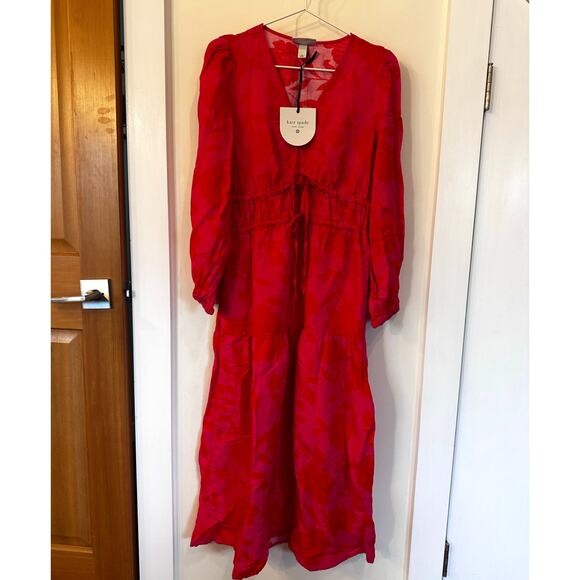 Kate Spade x Target Classic Rose Linen Long Sleeve Maxi Dress Pink/Red Sz XS - Picture 3 of 7